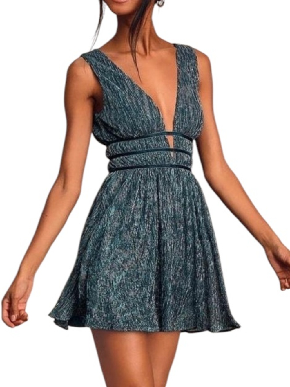 Lulus NWT Smokeshow Teal Metallic Deep V Sleeveless Skater Mini Dress Size XS